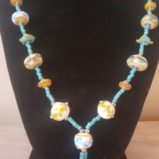 Turquoise, White and Yellow Lampwork Necklace