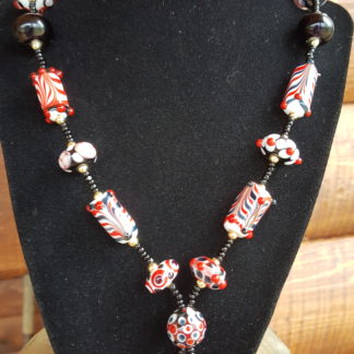 Red, Black and White Lampwork necklace