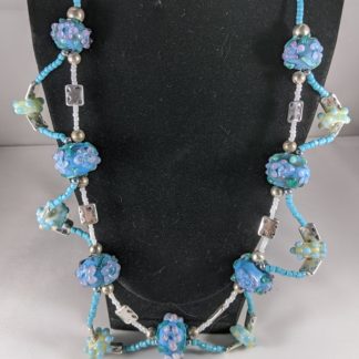 Turquoise and Pink Flower Lampwork Necklace